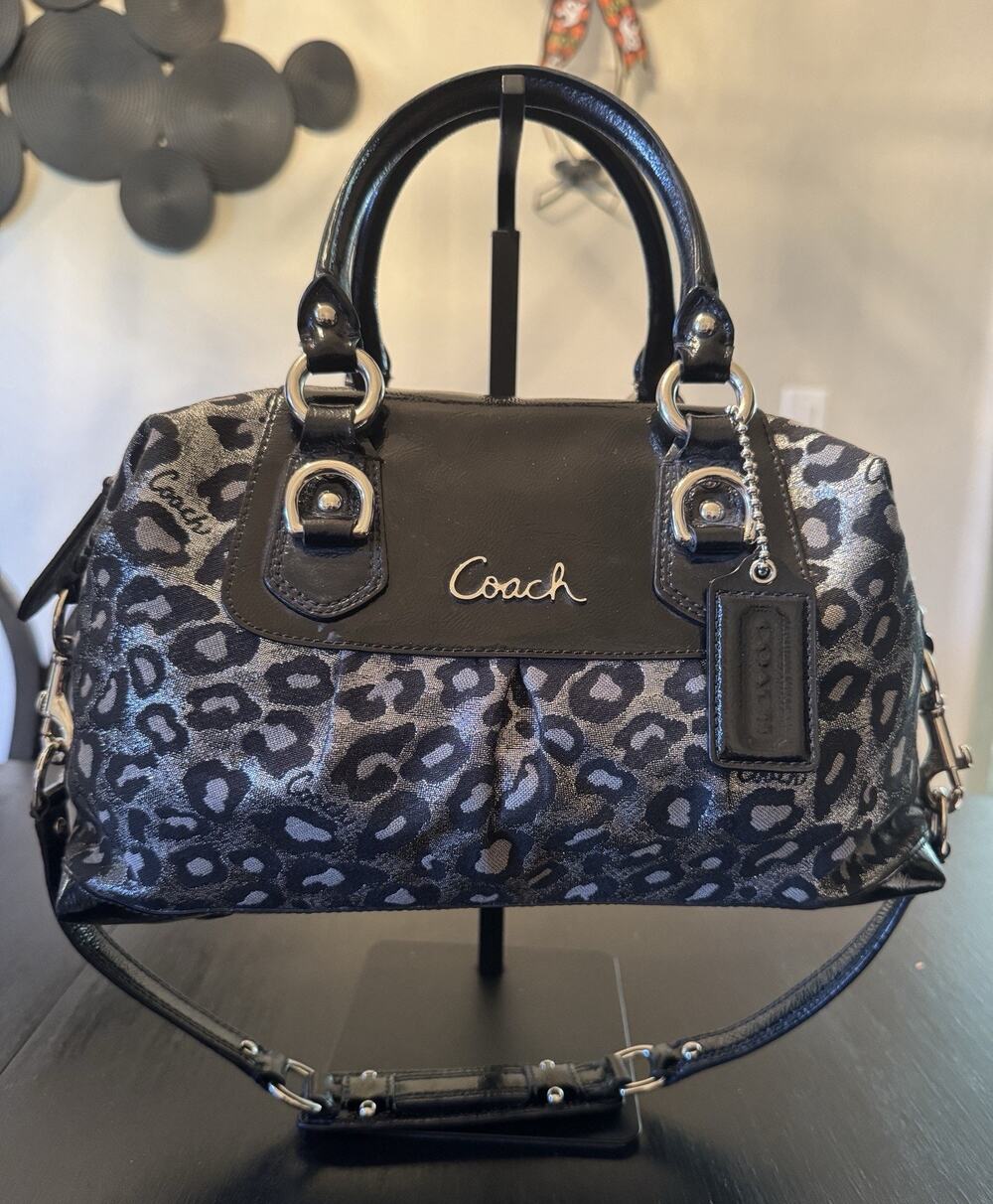 Coach Ashley Ocelot Lurex Satchel Handbag Metallic Silver Black F15520 Y2K